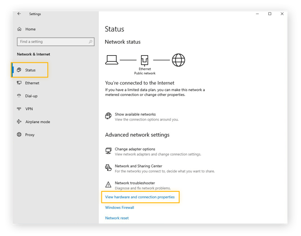 Configurações de Status de rede no Windows 10