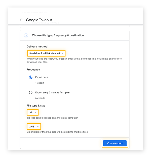Choosing your Google archive file type, frequency, and destination with Google Takeout