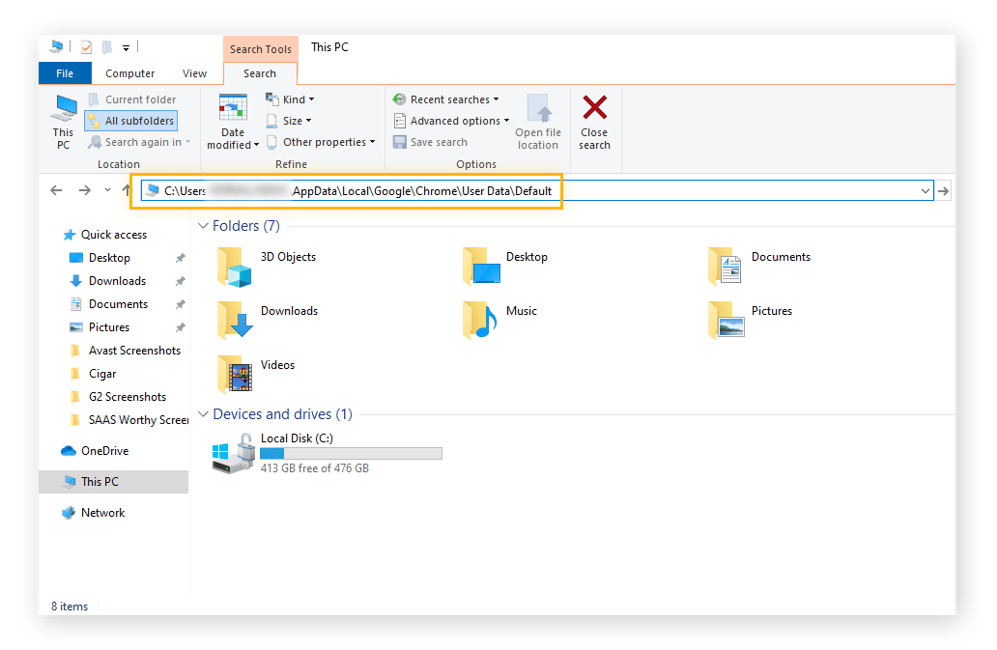 Ventana del Explorador de archivos con la ruta que dirige a las extensiones de Chrome pegada en la barra de navegación.