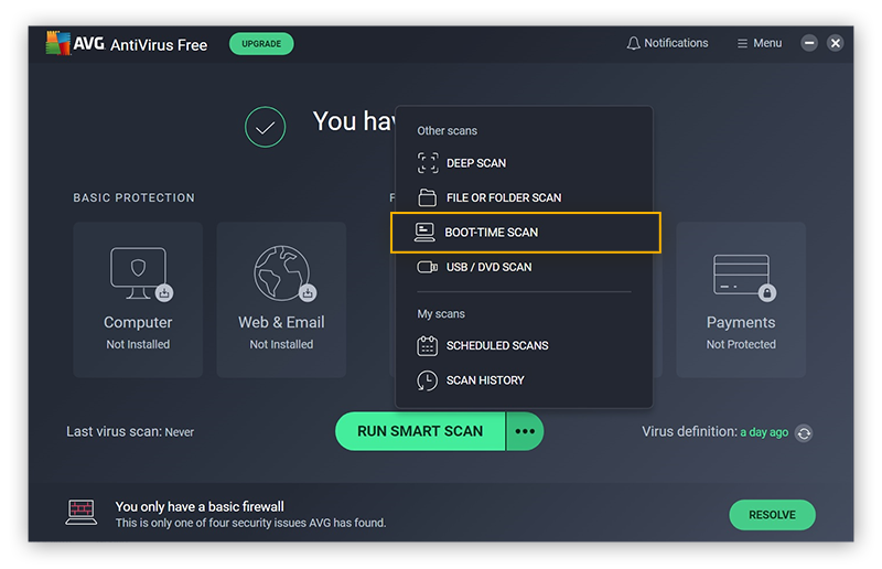 The three dots next to Run Smart Scan have been clicked, and different scan options are shown.