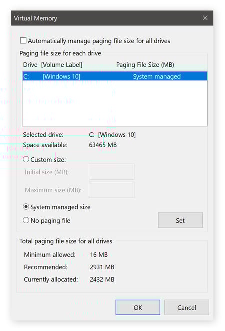 Modification de la mémoire virtuelle et du fichier d’échange dans Windows 10.