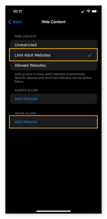 Impostazioni delle restrizioni sui contenuti dell’iPhone con le opzioni Limita i siti Web per adulti e Non consentire mai visualizzate