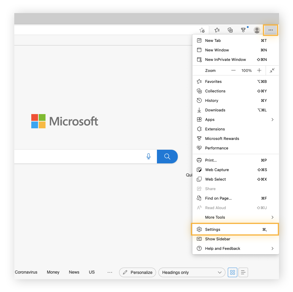 To clear the cache on Edge, click “Settings” from the Microsoft Edge browser menu