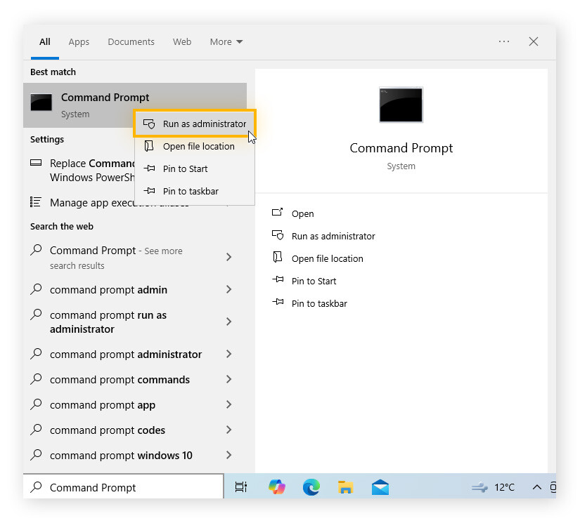 The Windows start menu is open, Command Prompt has been right-clicked, and the cursor is hovering over "Run as administrator".