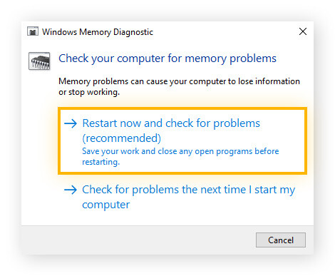 Windows Memory Diagnostic is displayed and the button "Restart now and check for problems" is circled.