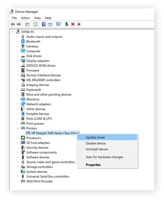 Updating a printer driver via Device Manager in Windows 10.
