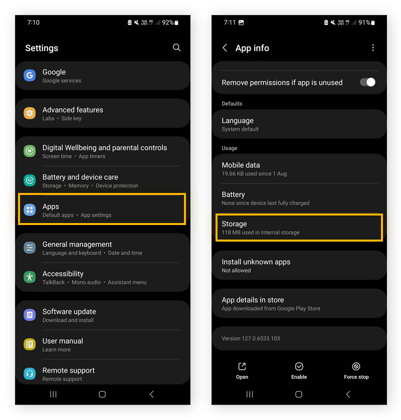 To clear your app data, start by going to Apps, tap the relevant app, then Storage.