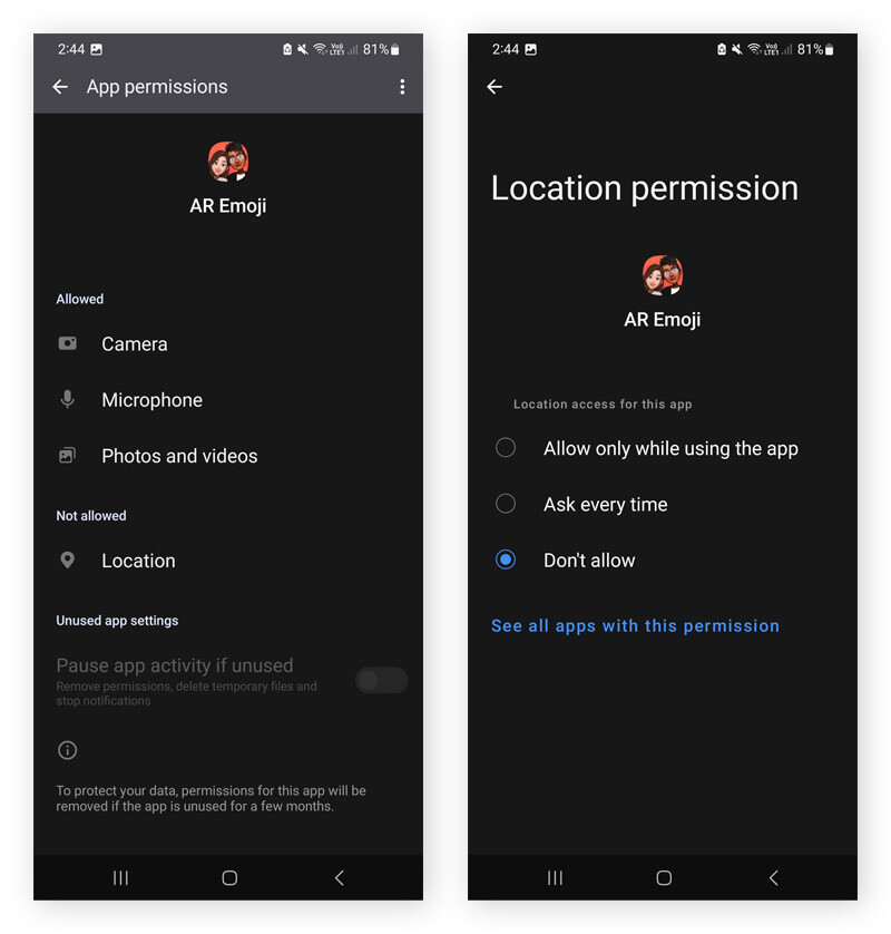 Reviewing the list of permissions for apps on an Android.
