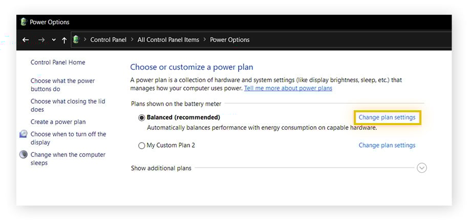 Aanpassing van energieschema in Windows. Schema-instellingen wijzigen is omcirkeld naast het schema dat momenteel in gebruik is.