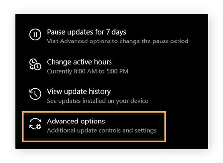 Enkele van de instellingen voor Windows Update, met Geavanceerde opties omcirkeld.