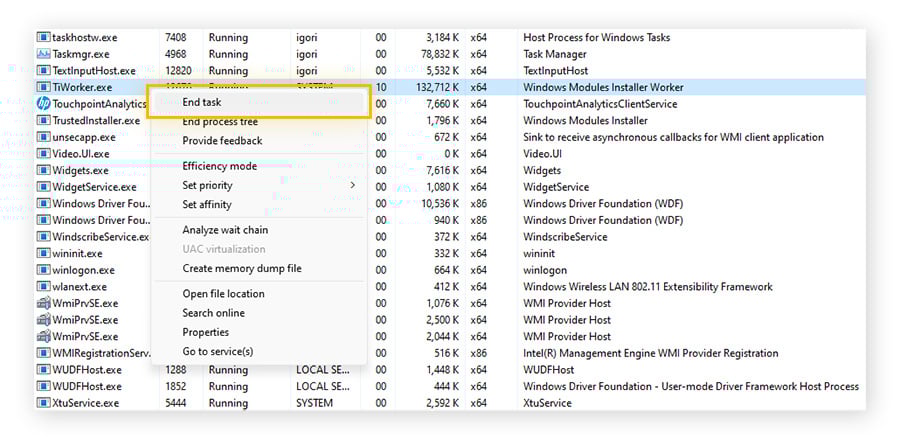  Termine dell’attività di TiWorker.exe in Gestione attività di Windows 11.