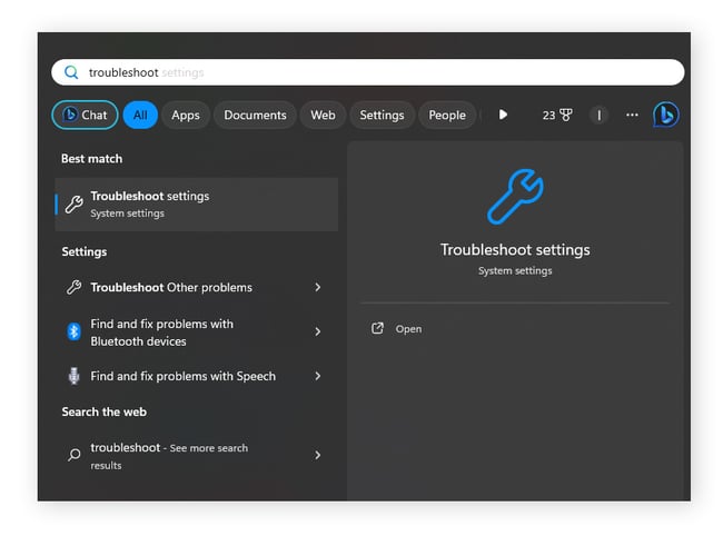 Ricerca di impostazioni di risoluzione dei problemi nella ricerca di Windows
