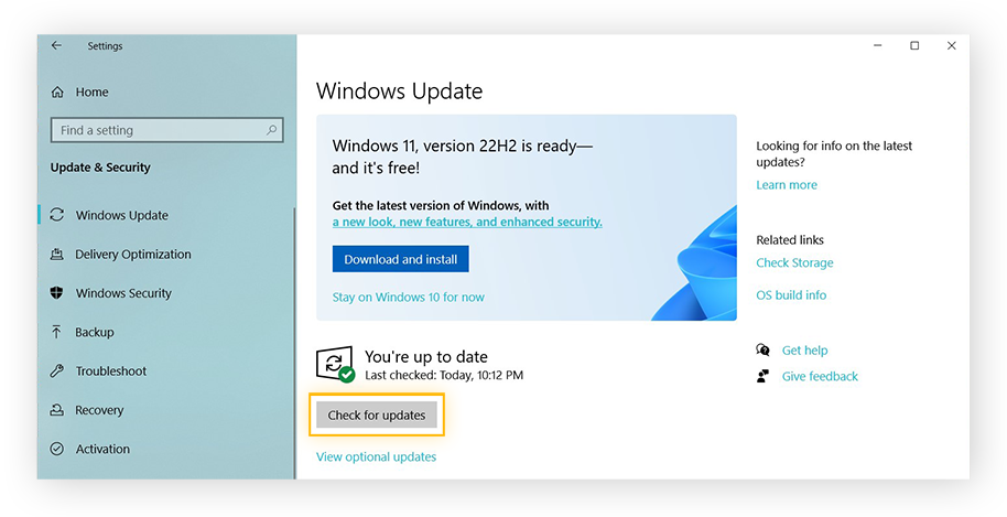 Fenêtre Mise à jour et sécurité dans le système d’exploitation Windows
