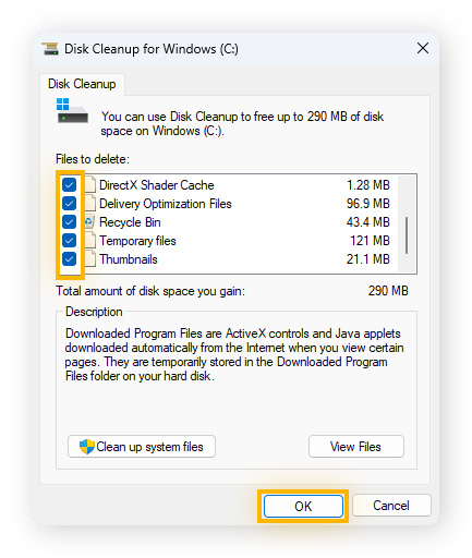 Utilisation du nettoyage de disque pour libérer de l’espace disque sous Windows.