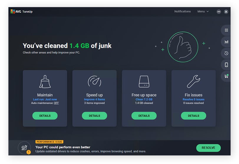 The home screen in AVG TuneUp for Windows 10.