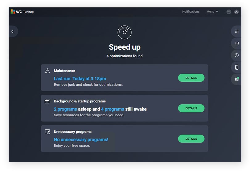 Viewing background and startup programs in AVG TuneUp for Windows 10.