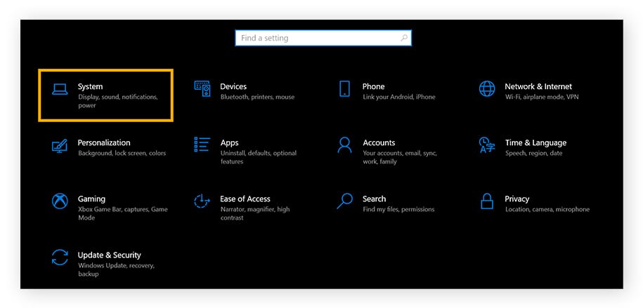 Settings in Windows 10. "System" is highlighted.