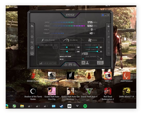 Using MSI Afterburner to overclock an Nvidia RTX GeForce 3090 GPU.
