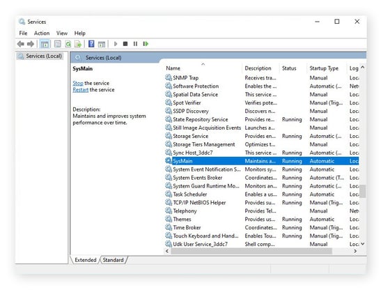 Locating the SysMain entry in the Services app for Windows 10