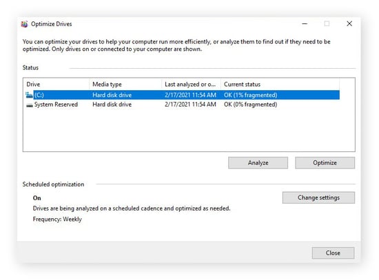 Defragmenting a hard drive in Windows 10