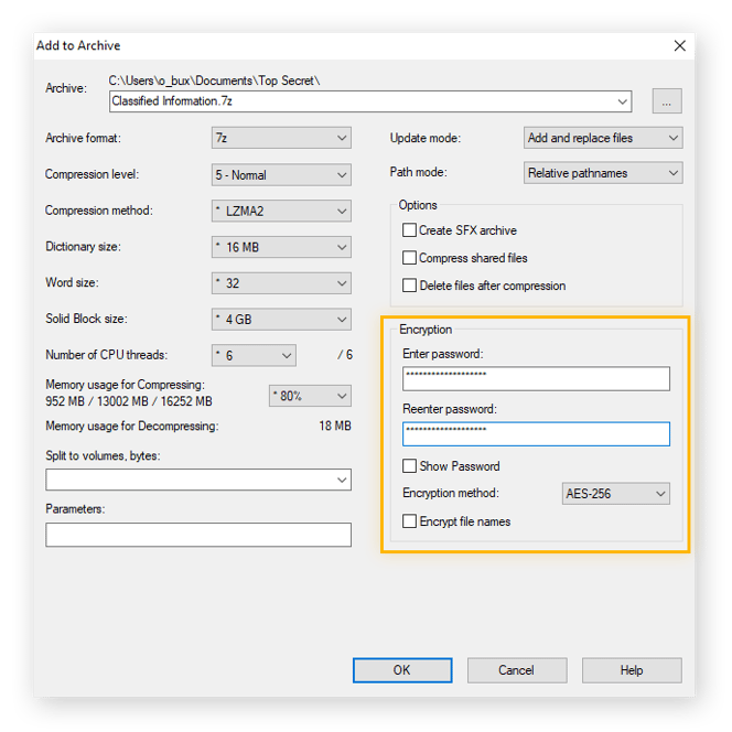 Options de chiffrement de fichier dans 7-Zip File Manager