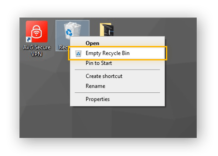 Navigeren naar 'Prullenbak leegmaken' in het snelmenu in Windows 10