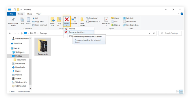 Navigeren naar 'Permanent verwijderen' in het lint in Windows Verkenner