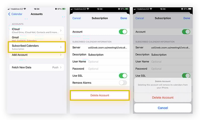 Deleting a Calendar subscription to get rid of an iPhone calendar virus.