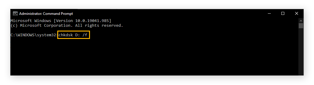 Image of command prompt with the appropriate command for running CHKDSK on the D drive. "chkdsk D: /f"