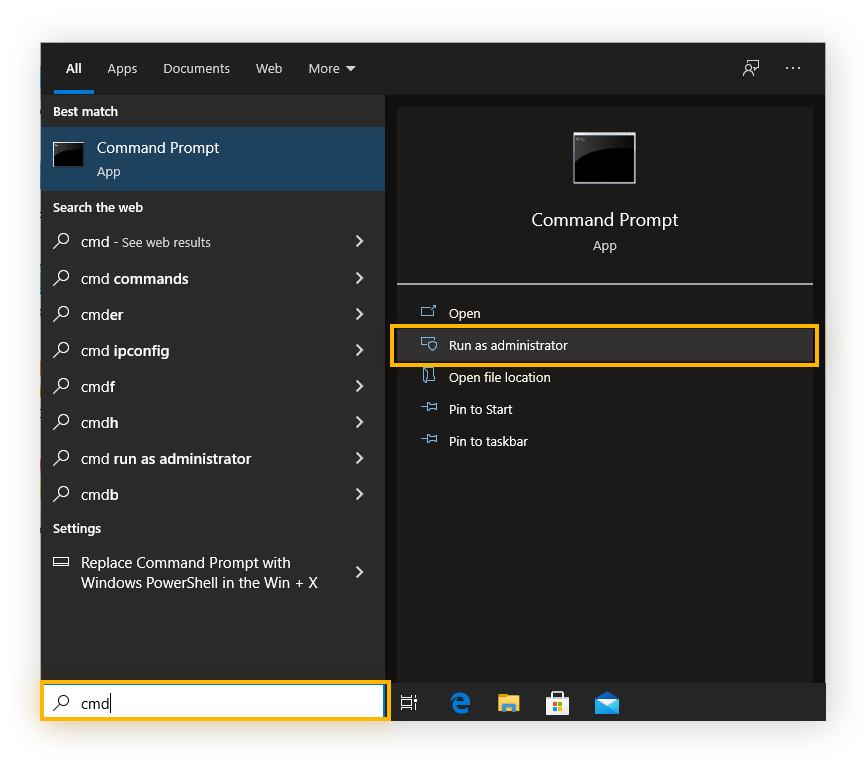 "cmd" has been typed into the taskbar, and Command Prompt is shown, with Run as administrator circled.