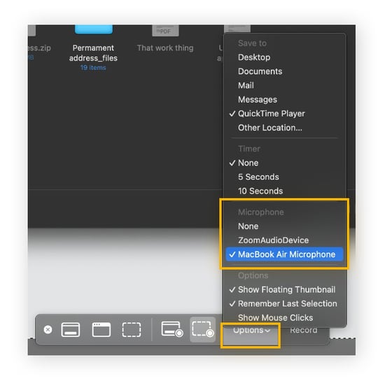 De microfoon selecteren in QuickTime voor scherm- en geluidsopname op Mac.
