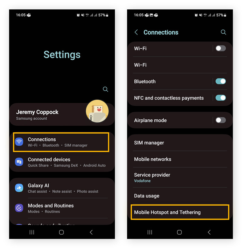 Accessing Mobile Hotspot and Tethering options in Android Settings.