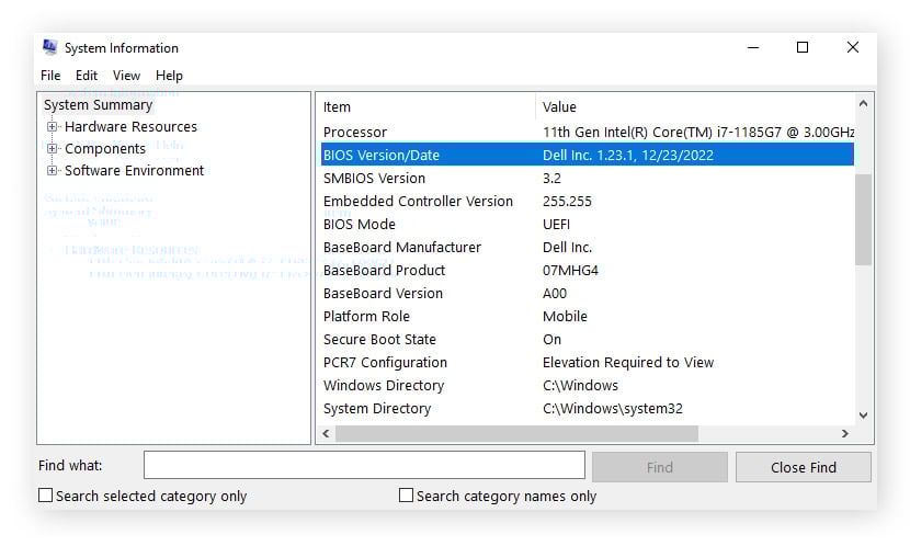 Informations sur le système Windows indiquant la version du BIOS.