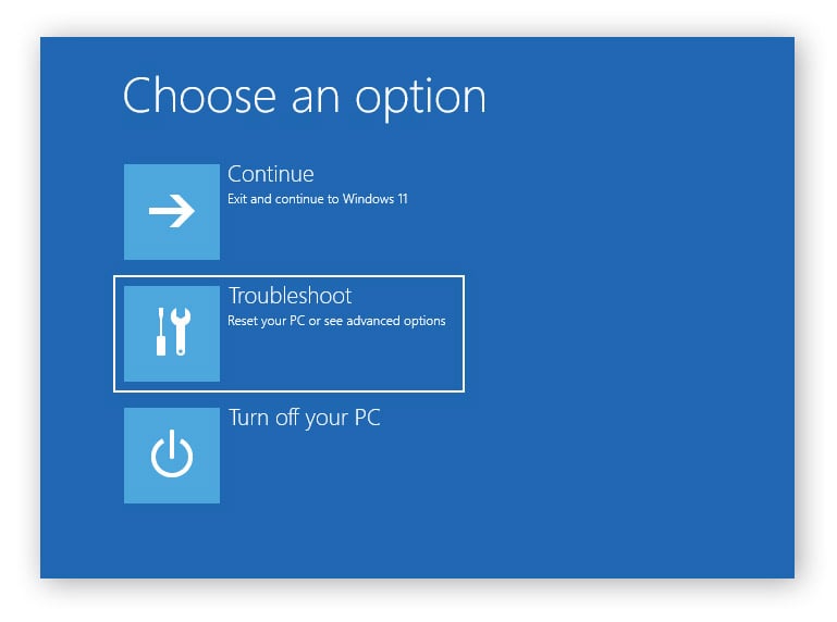 Sélection de l’option Dépannage dans les paramètres de récupération de Windows.