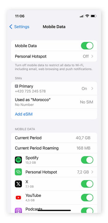 Controleren op pieken in gegevensgebruik op een iPhone, wat zou kunnen duiden op een gehackte telefoon.
