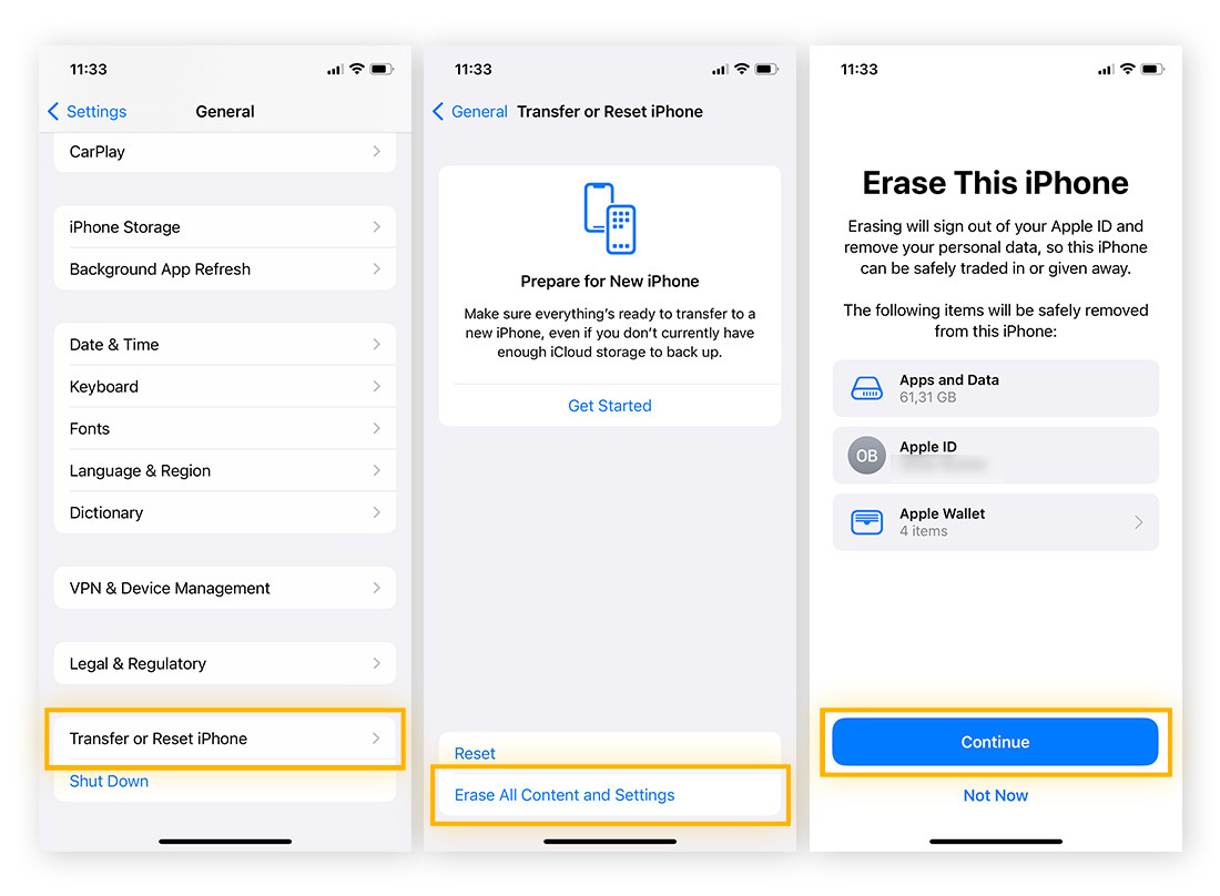  Schermafbeeldingen waarop is te zien hoe de fabrieksinstellingen worden teruggezet op een iPhone.