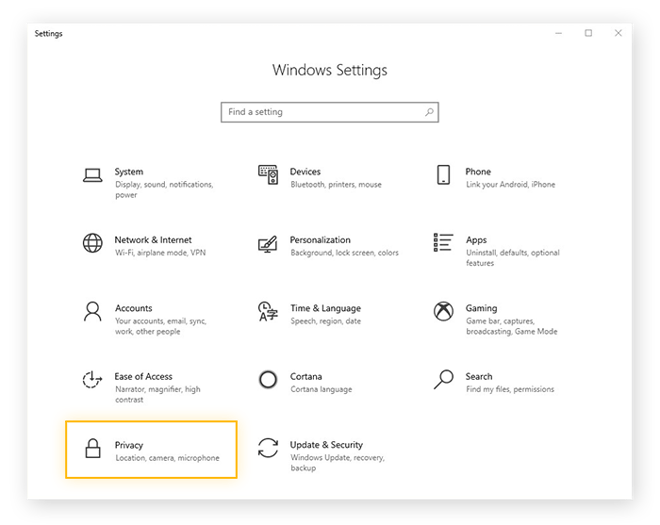 Abrir as configurações de privacidade no menu Configurações no Windows 10