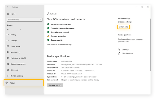 Encontrar as configurações de informações do sistema nas configurações Sobre no Windows 10