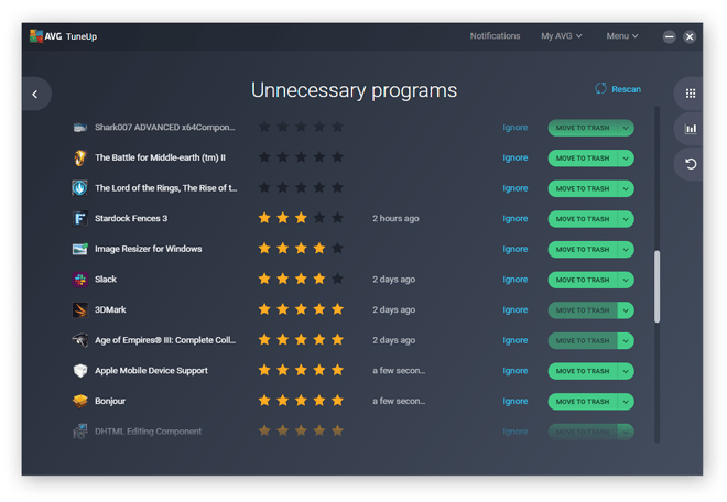 Identificando programas desnecessários com o AVG TuneUp para Windows 10