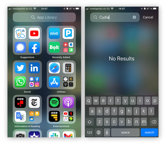 Recherche du magasin d’applications Cydia dans la bibliothèque d’apps de l’iPhone.
