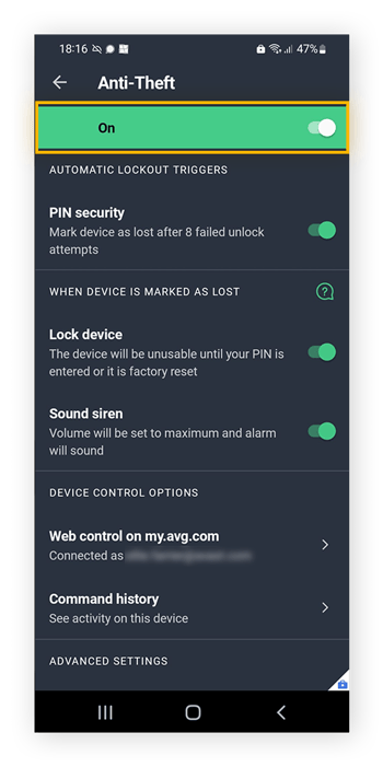 Active la función Anti-Theft en AVG AntiVirus de modo que pueda localizar, bloquear o borrar los datos de su dispositivo en caso de pérdida o robo.