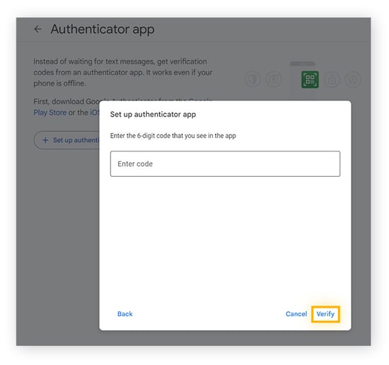 Saisissez le code Google Authenticator, puis cliquez sur Vérifier.