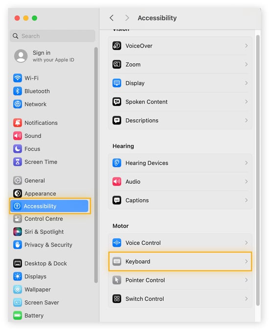 A screenshot showing how to set up your on-screen keyboard on a Mac: go to System Settings, Accessibility, then Keyboard.