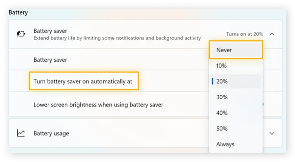 A screenshot showing how to configure Windows 11 so that battery-saver mode never starts automatically.