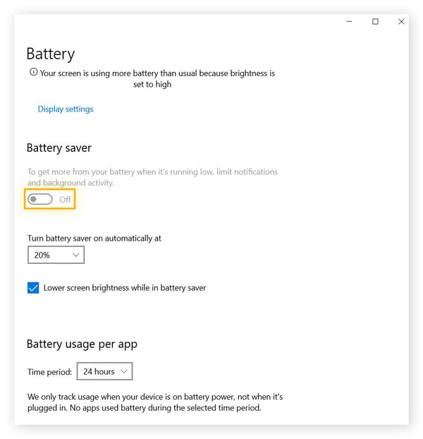 A screenshot showing how to turn off battery-saver mode on Windows 10.