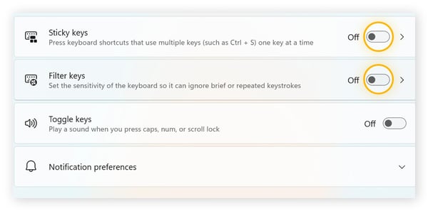 A screenshot showing how to toggle off Sticky Keys and Filter Keys.