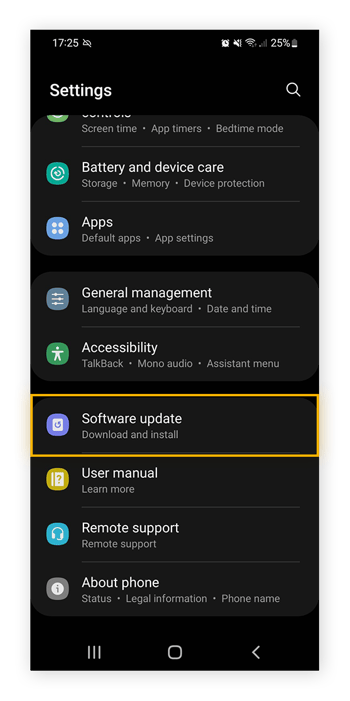 Abra Configurações do Android > Atualização do software antes de verificar se há atualizações do Android.