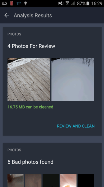Sección de resultados del análisis de Android - Fotografías 