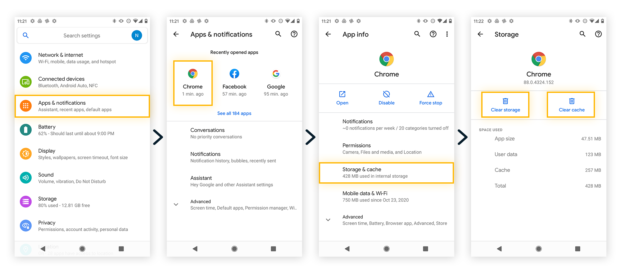 Limpando o armazenamento do Google Chrome para remover malware do Android.