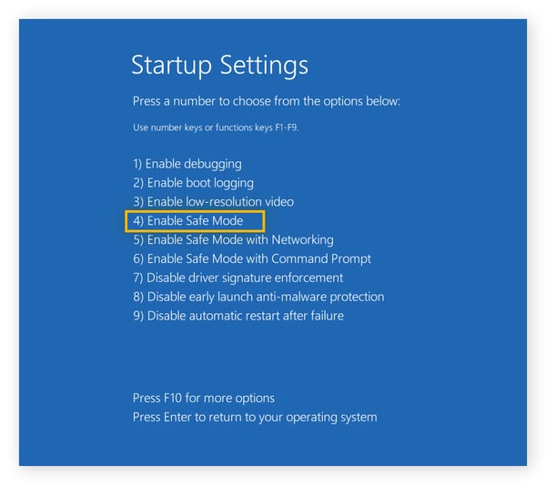 Als u optie 4 selecteert in Opstartinstellingen op uw pc, wordt Windows opnieuw opgestart in de veilige modus.